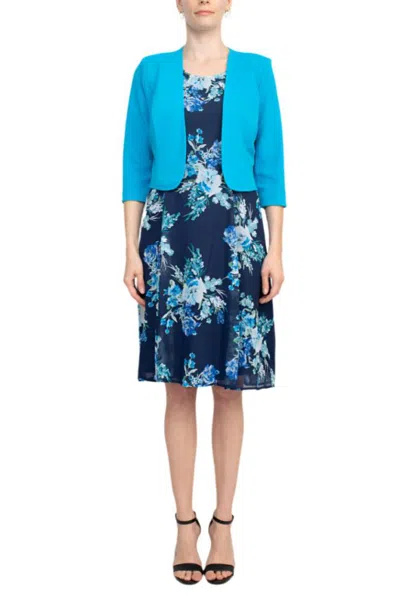 Truedames Scoop Neck Sleeveless A-line Floral Print Chiffon Dress With 3/4 Sleeve Textured Bolero In Blue