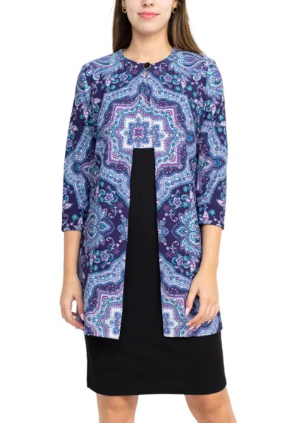 Truedames Scoop Neck Sleeveless Zipper Back Multi Print Crepe Dress With Matching Jacket In Blue