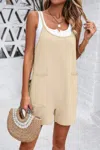 Truedames Scoop Neck Spaghetti Straps Loose Fit Solid Romper In Neutral