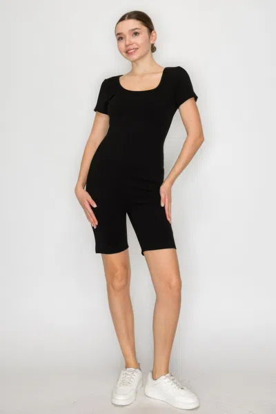 Truedames Scoop Short Sleeve Rib Romper In Black