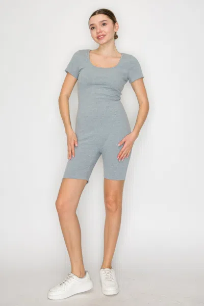 Truedames Scoop Short Sleeve Rib Romper In Gray