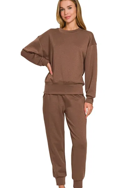 Truedames Scuba Crewneck Pullover & Joggers 2 Pieces Set In Brown