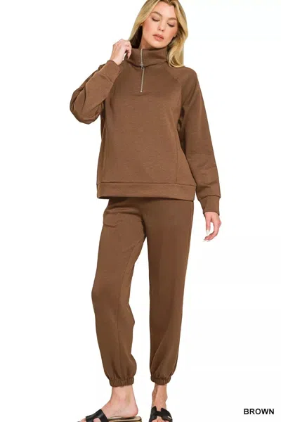 Truedames Scuba Half Zip Sweatshirts And Joggers Set In Brown