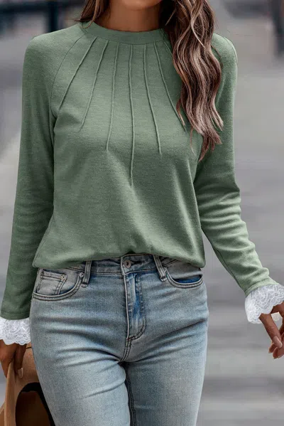 Truedames Seam Detail Lace Contrast Cuffs Raglan Sleeve Top In Green