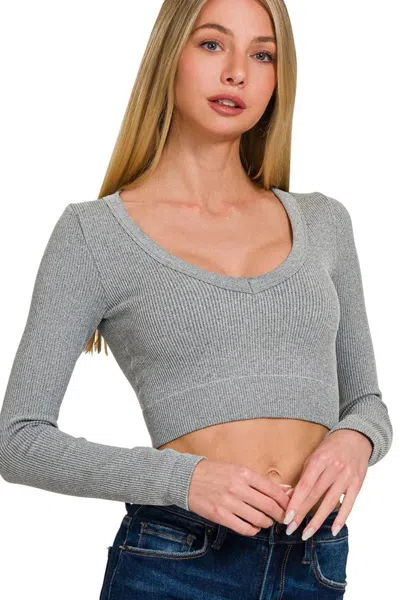 Truedames Seamless Fitted Rib V-neck Long Sleeve Crop Top In Gray