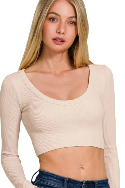 Truedames Seamless Fitted Rib V-neck Long Sleeve Crop Top In Neutral