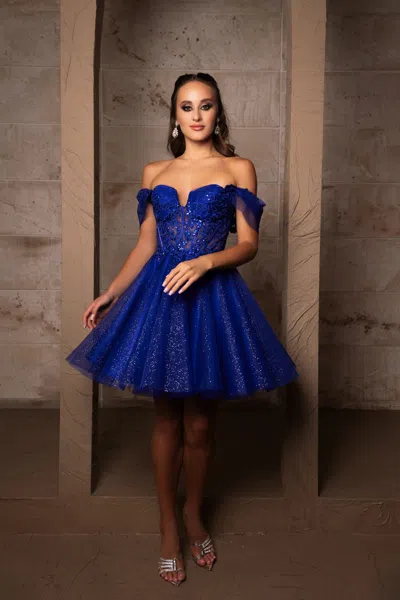 Truedames Semi Formal Off The Shoulder A-line Dress In Blue