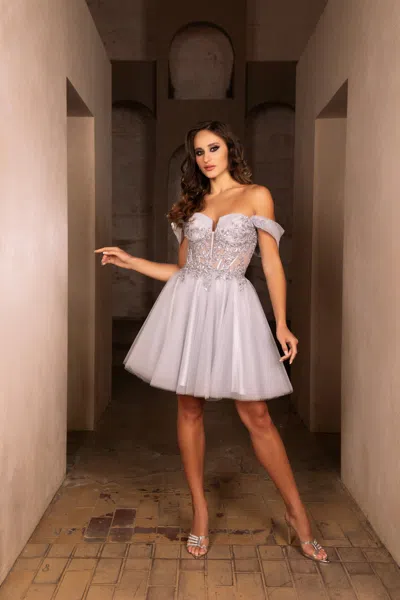 Truedames Semi Formal Off The Shoulder A-line Dress In Silver