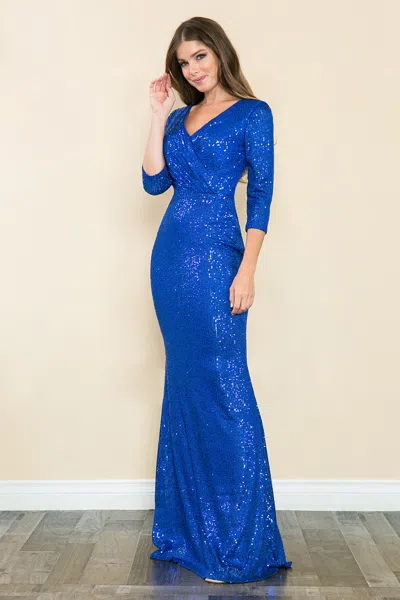 Truedames Sequin 3/4 Sleeve Evening Gown V-neck Flattering Fit For Mother Of The Bride Dress In Blue