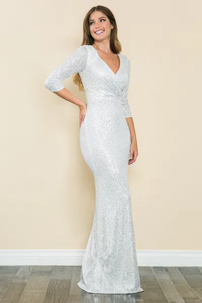 Truedames Sequin 3/4 Sleeve Evening Gown V-neck Flattering Fit For Mother Of The Bride Dress In Silver