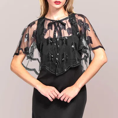 Truedames Sequin Bow Pointed Leaf Beaded Retro Style Sheer Shawl Cape Poncho In Black