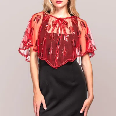 Truedames Sequin Bow Pointed Leaf Beaded Retro Style Sheer Shawl Cape Poncho In Red