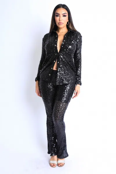 Truedames Sequin Button Down Shirt And Pant Set In Black