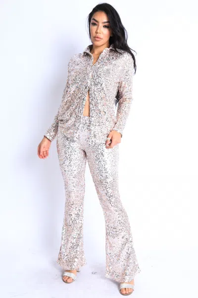 Truedames Sequin Button Down Shirt And Pant Set In Silver