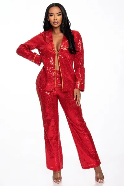 Truedames Sequin Collared Two Piece Set In Red