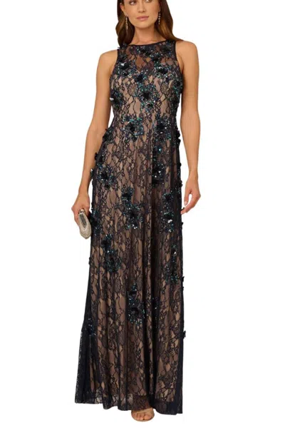 Truedames Sequin Embellish Floral Lace Overlay Boat Neckline Sleeveless Column Sheath Gown Dress In Multi