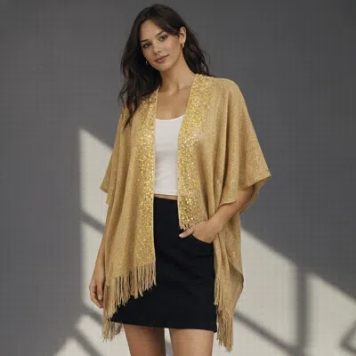 Truedames Sequin Embellished Open Front Fringe Trim Lurex Kimono In Gold
