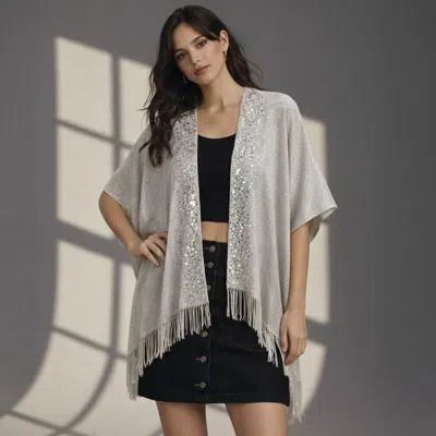 Truedames Sequin Embellished Open Front Fringe Trim Lurex Kimono In Silver