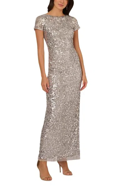 Truedames Sequin Embellishment Crew Neck Scoop Back Neckline Short Sleeves Slim Column Silhouette Maxi Gown Dr In Gray
