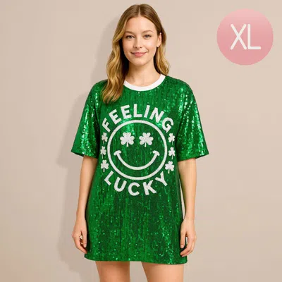 Truedames Sequin Feeling Lucky Clover Smile Face Long Party Shirt In Green