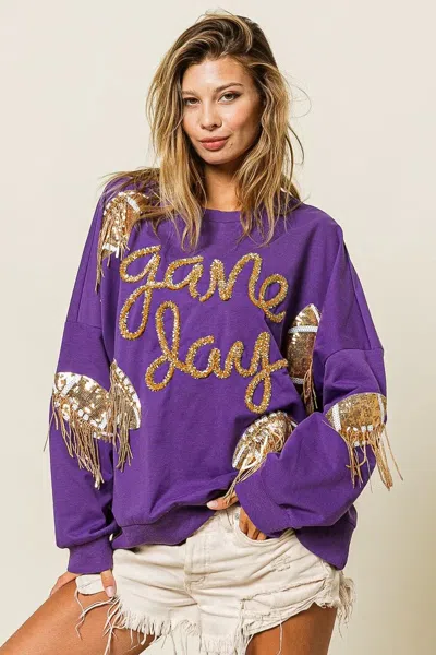 Truedames Sequin Football Patches Game Day Sweatshirt In Blue
