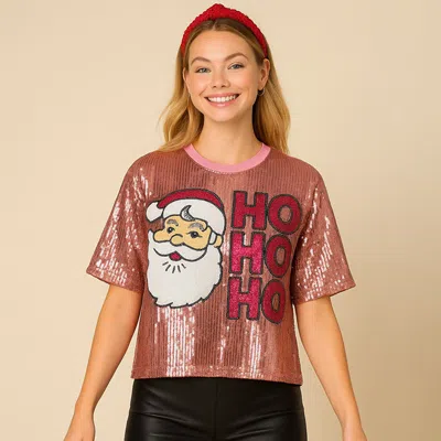 Truedames Sequin Ho Ho Ho Santa Holiday Party Shirt In Pink