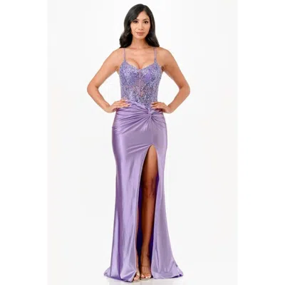 Truedames Sequin Lace And Satin Front Twist Long Dress In Purple