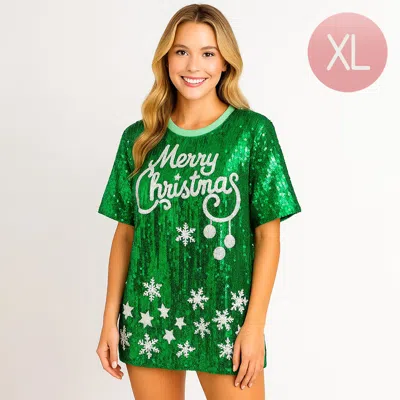 Truedames Sequin Merry Christmas Striped Holiday Long Party Shirt In Green