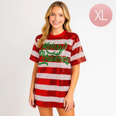 Truedames Sequin Merry Christmas Striped Holiday Long Party Shirt In Red