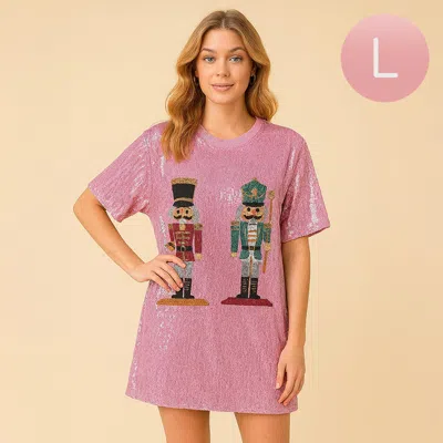 Truedames Sequin Nutcracker Holiday Long Party Shirt In Pink