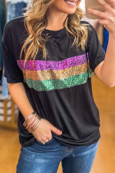 Truedames Sequin Stripes Patchwork Mardi Gras Crew Neck T Shirt In Multi