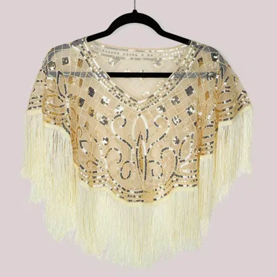 Truedames Sequined Beaded Tassel Fringe Cape Poncho In Neutral