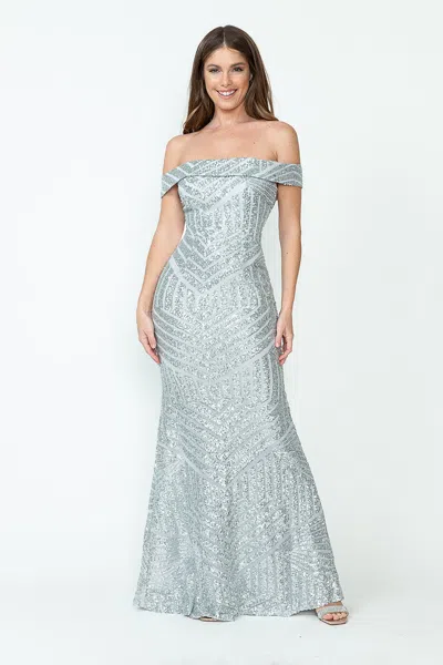 Truedames Sequined Off Shoulder Prom Formal Gown In Gray