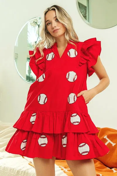 Truedames Sequins Baseball Patch Gameday Dress In Red