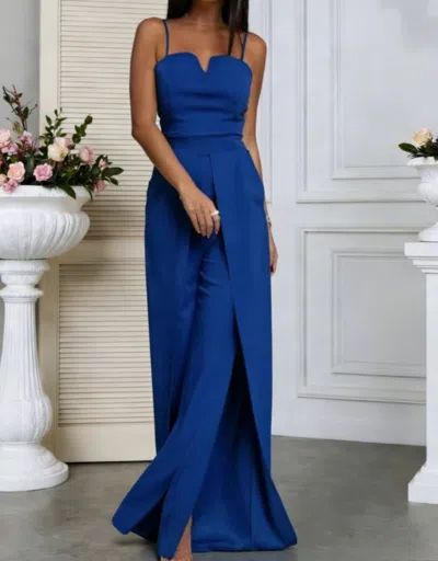 Truedames Sexy Fitted Slit Strapless Jumpsuit In Blue