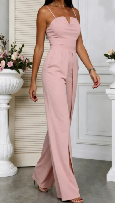 Truedames Sexy Fitted Slit Strapless Jumpsuit In Pink