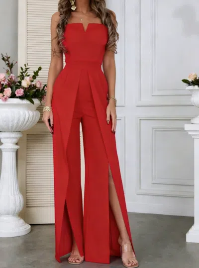 Truedames Sexy Fitted Slit Strapless Jumpsuit In Red