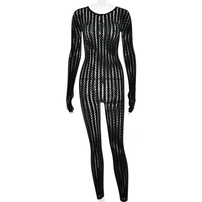 Truedames Sexy Perspective Summer Perspective Onesie Fashion Seamless Striped Jacquard One-piece Long-sleeved  In Black