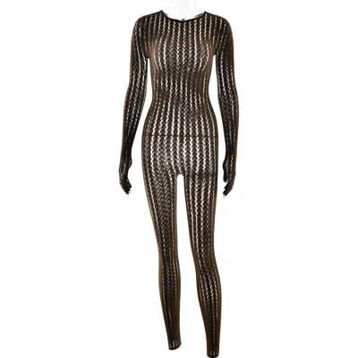 Truedames Sexy Perspective Summer Perspective Onesie Fashion Seamless Striped Jacquard One-piece Long-sleeved  In Brown