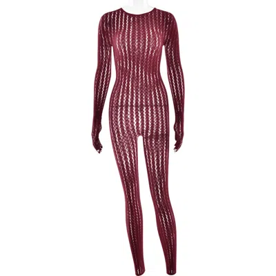 Truedames Sexy Perspective Summer Perspective Onesie Fashion Seamless Striped Jacquard One-piece Long-sleeved  In Burgundy