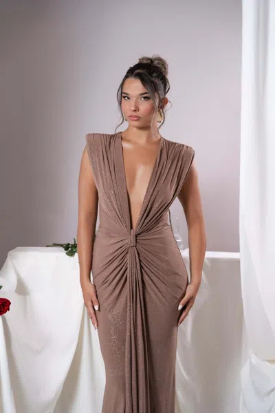 Truedames Sexy Women's Sleeveless Super Deep V Slim Waist Pleated Temperament Fishtail Jumpsuit In Brown