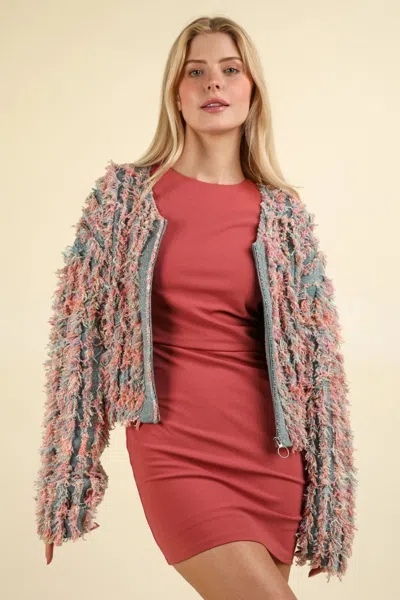 Truedames Shaggy Yarn Knit Zip Up Jacket In Multi