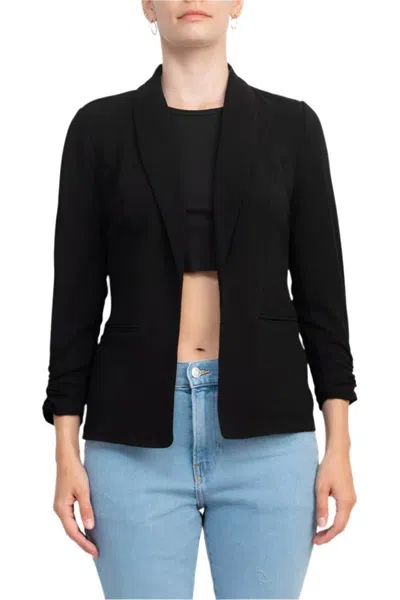 Truedames Shawl Collar 3/4 Ruched Sleeve Knit Crepe With Belt Pockets In Black