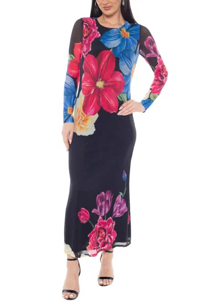 Truedames Sheer Floral Details Crew Neckline Long Sleeves Column Bodice Silhouette Pullover Maxi Dress In Multi