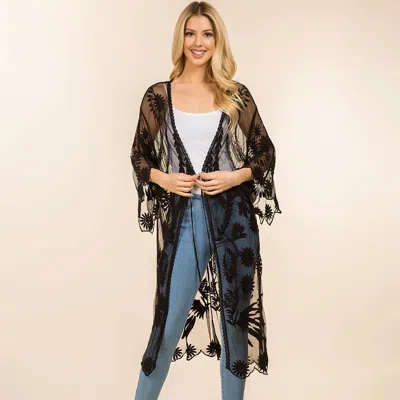 Truedames Sheer Floral Lace Long Kimono Poncho In Brown
