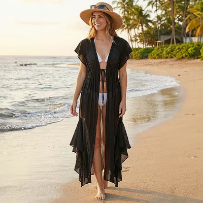 Truedames Sheer Flowy Beach Cover Up Tie Front Maxi Kimono In Black