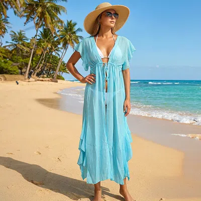 Truedames Sheer Flowy Beach Cover Up Tie Front Maxi Kimono In Blue
