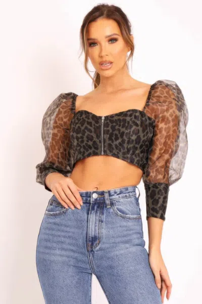 Truedames Sheer Leopard Print Crop Top In Brown