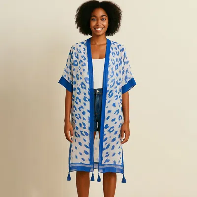 Truedames Sheer Leopard Print Tassel Detail Open Front Long Kimono Poncho In Blue