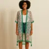 Truedames Sheer Leopard Print Tassel Detail Open Front Long Kimono Poncho In Green